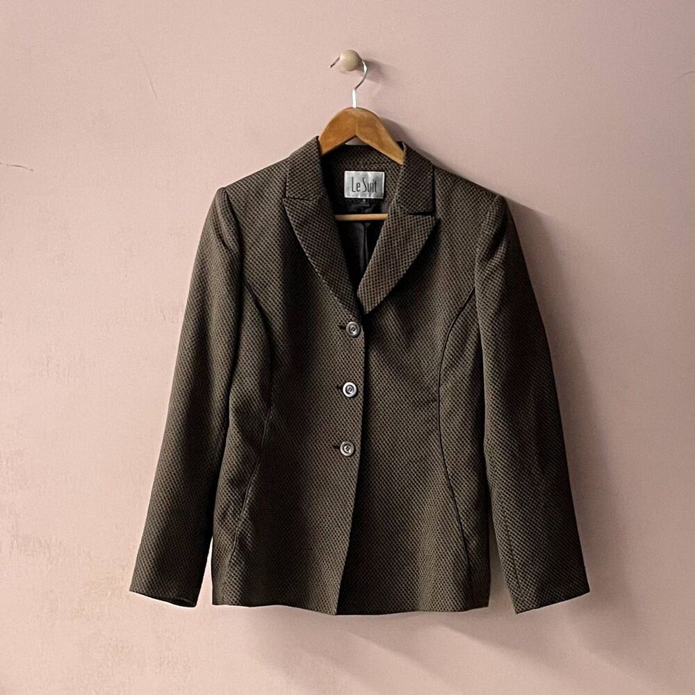 Vintage Classic Le Suit Dark Brown Mini Checker Blazer Size 8 EUC
